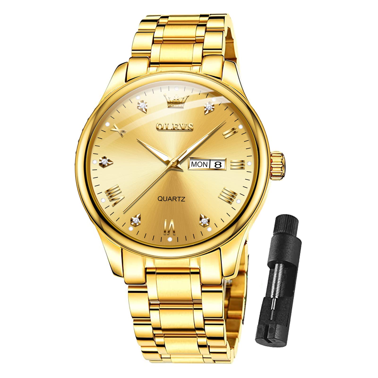 OLEVS Gold Watches for Men,Fashion Men Wrist Watches with Day Date,Diamond Watches Men,Gold Stainless Steel Analog Man Watch Waterproof,reloj de Hombre,Large Face Mens Dress Watch Luminous, Watch Men
